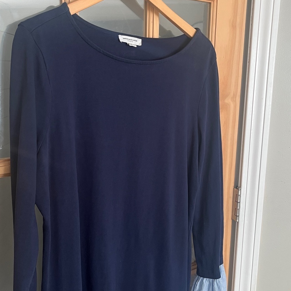 Beachlunchlounge Navy Blue Cotton shift dress w/ striped ruffle sleeve sz Large - Picture 3 of 9